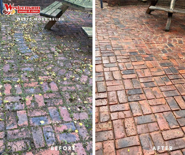 Before and after of block paving cleaned using Westermann Moss Brush