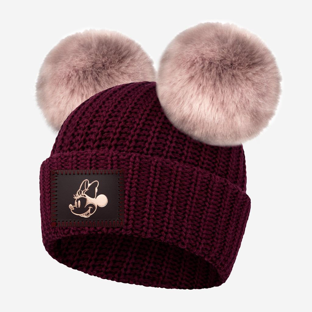 Minnie Mouse Kids Rose Gold Foil Burgundy Double Pom Beanie