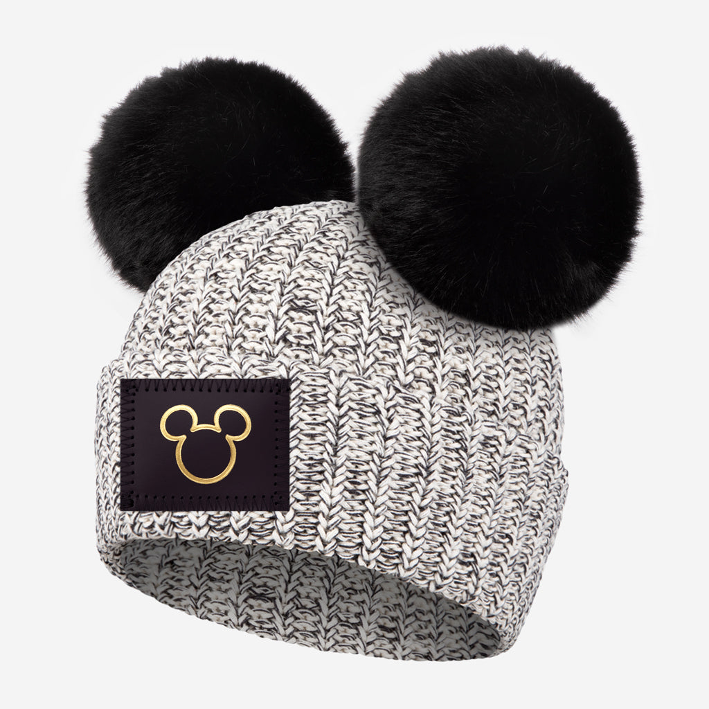 Mickey Mouse Kids Gold Foil Outline Black Speckled Double Pom Beanie