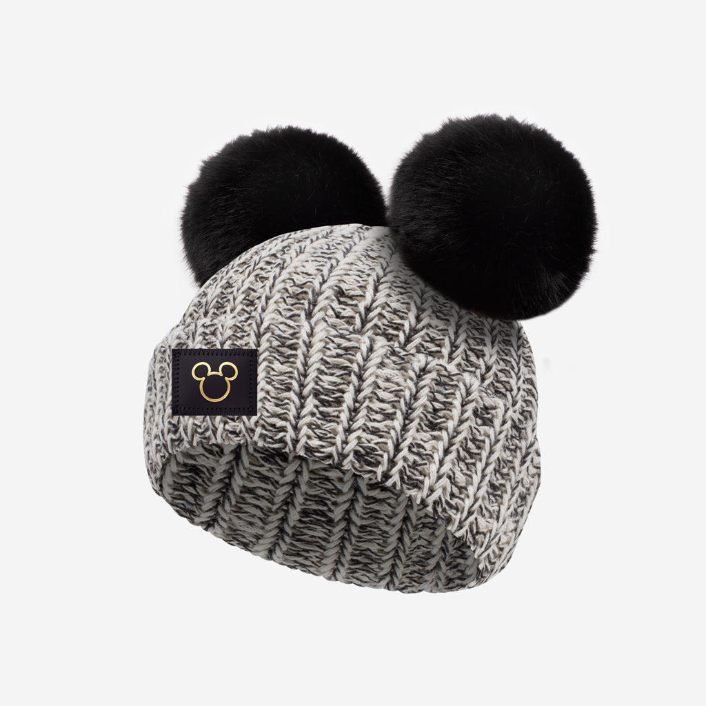 Mickey Mouse Baby Gold Foil Outline Black Speckled Double Pom Beanie