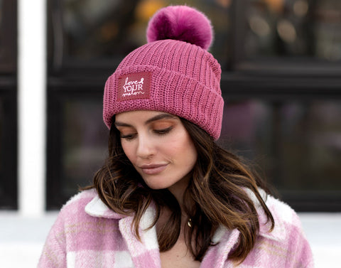 White Speckled Rose Foil Pom Beanie (Blush Leather Patch)