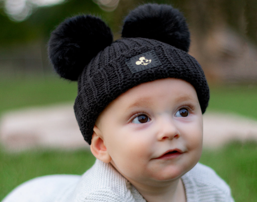 Mickey Mouse Baby Black Gold Foil Double Pom Beanie