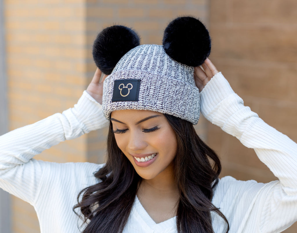 Mickey Mouse Gold Foil Outline Black Speckled Double Pom Beanie