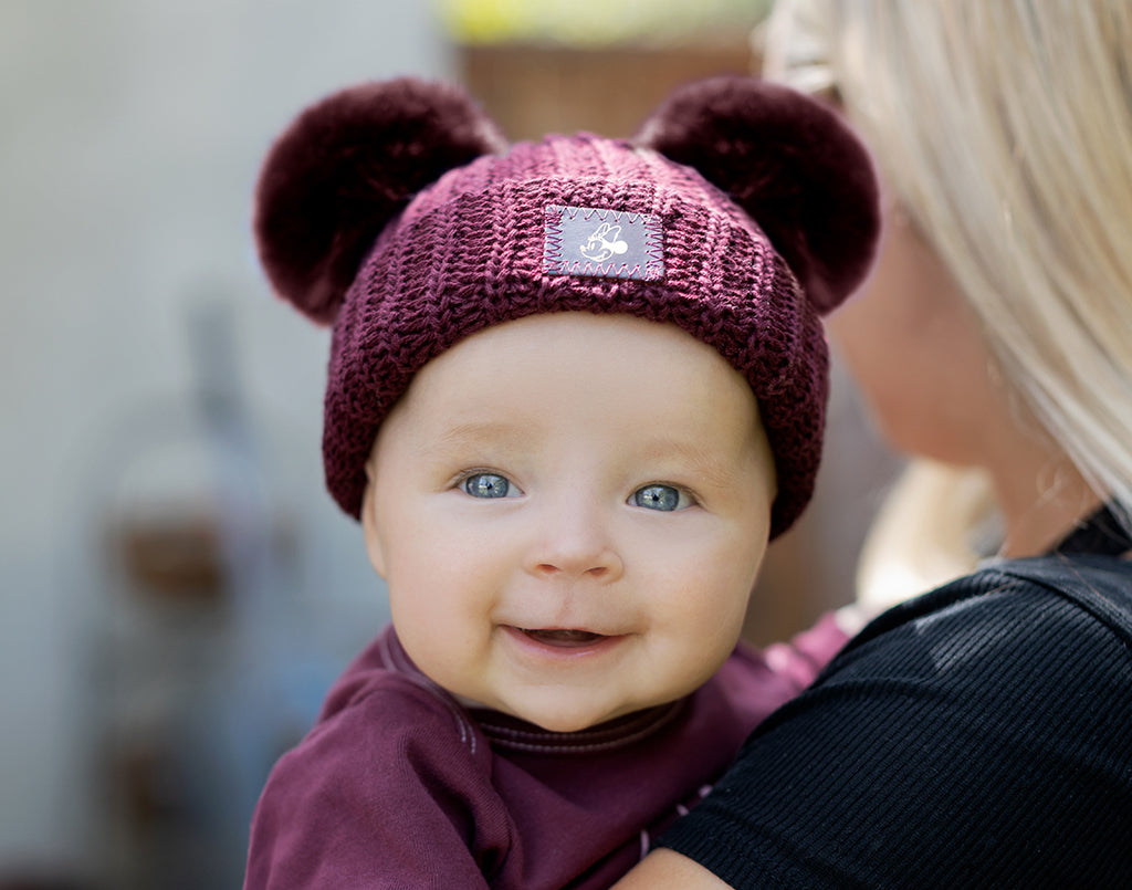 Minnie Mouse Baby Rose Gold Foil Burgundy Double Pom Beanie