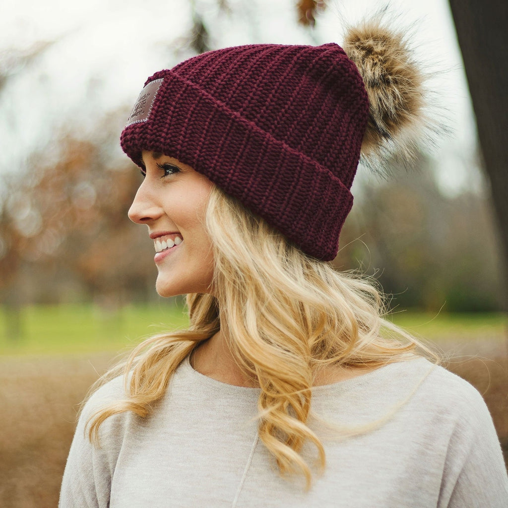 Love Your Melon Burgundy Pom Beanie (Natural Pom)