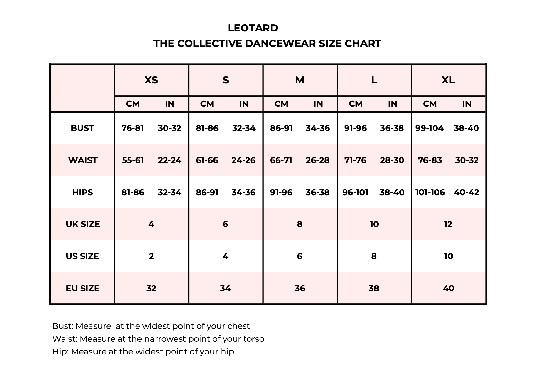 Generic Leotard Size Chart The Collective Dancewear