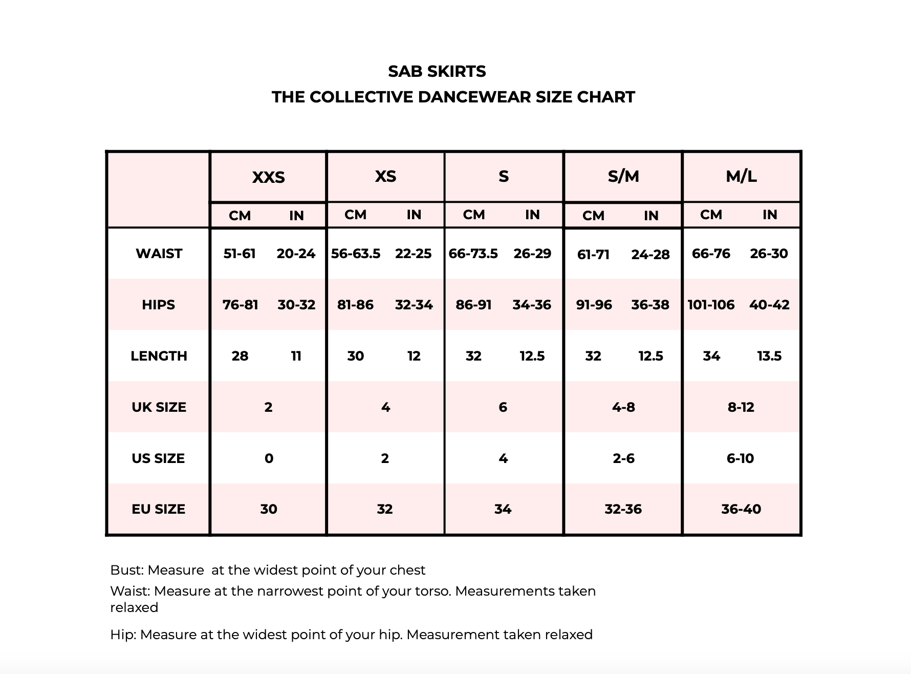 SAB SKIRTS SIZE CHART