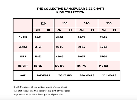 KIDS Childrens size chart for leotards