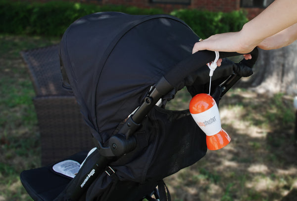 Baby Shusher is portable, as demonstrated using it's strap on a pram