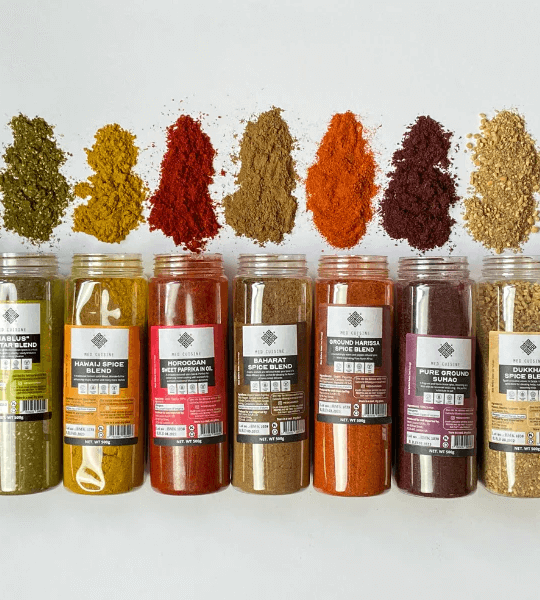 An array of Med Cuisine's herbs and spices