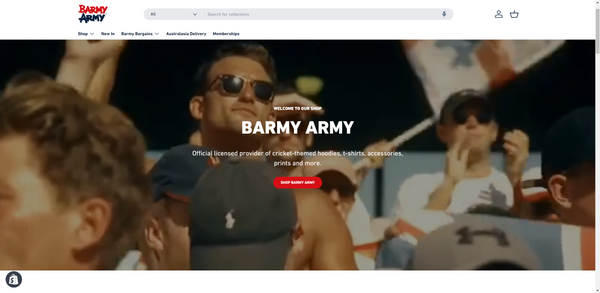 Barmy Army's website selling cricket supporter merch