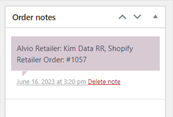 Alvio data in order notes section of WooCommerce order