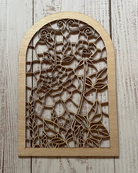 Floral Stained Glass Frame Art Wood Cut Out. Unfinished Wood frame