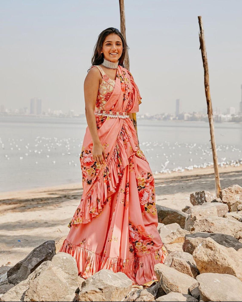 The Candy Shop- Masoom Minawala Mehta in Peach Printed Ruffle Sari Set