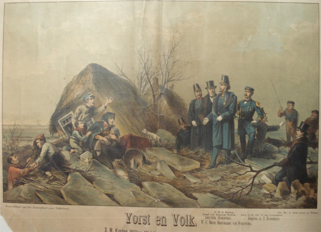 02. Aanblik op het bezoek van Koning Wilem III aan de dijkdoorbraak te Brakel, Watersnood 1855. Kleurenlitho, Tresling & Co., 1888 - prent
