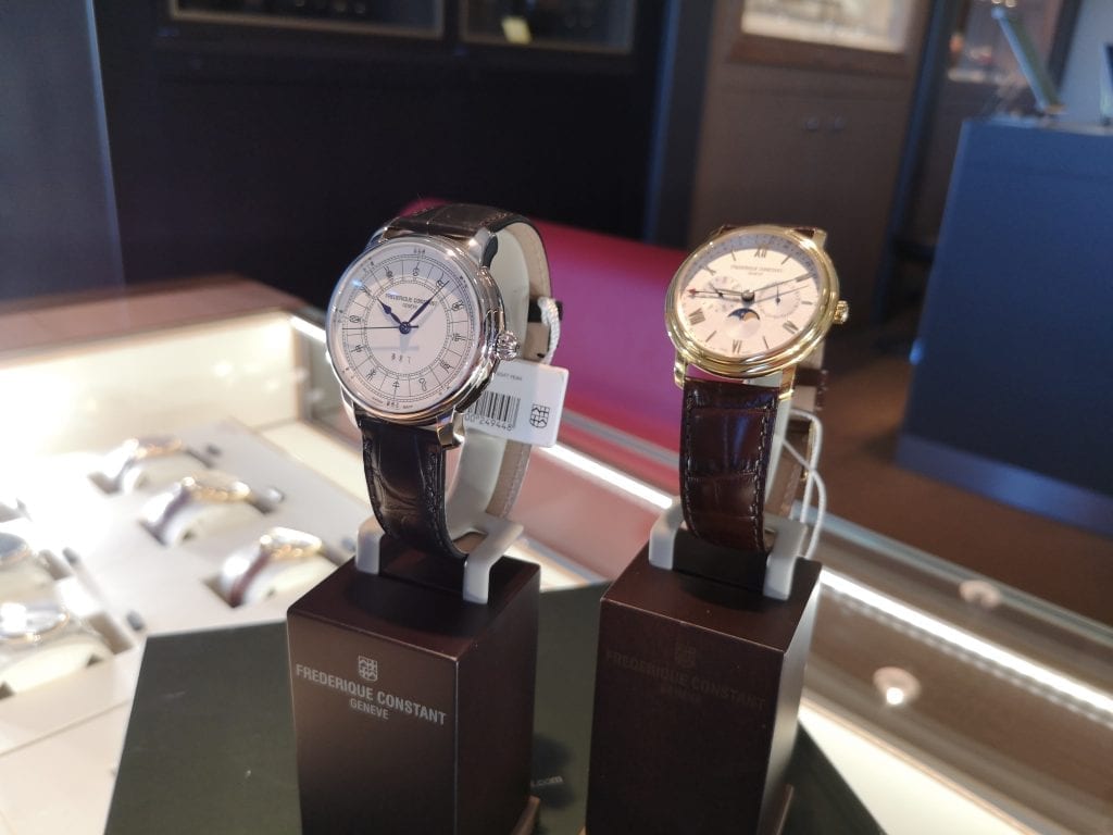 Two frederique constant watches on display at royal coster