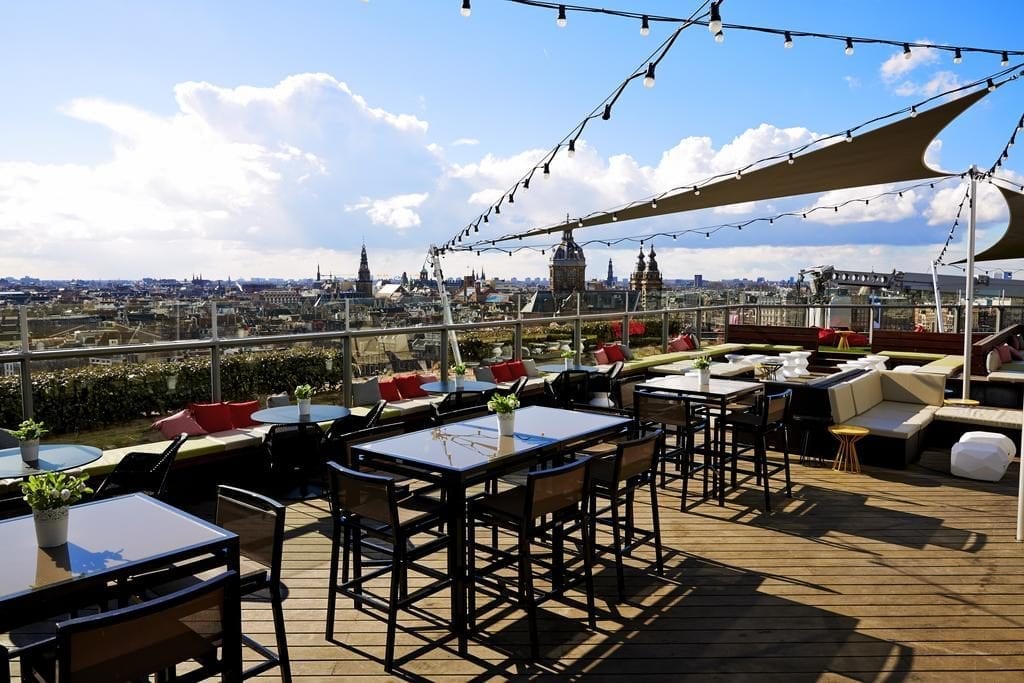 The Hilton SkyLounge is a great place to cool off and enjoy the view of the Amsterdam skyline