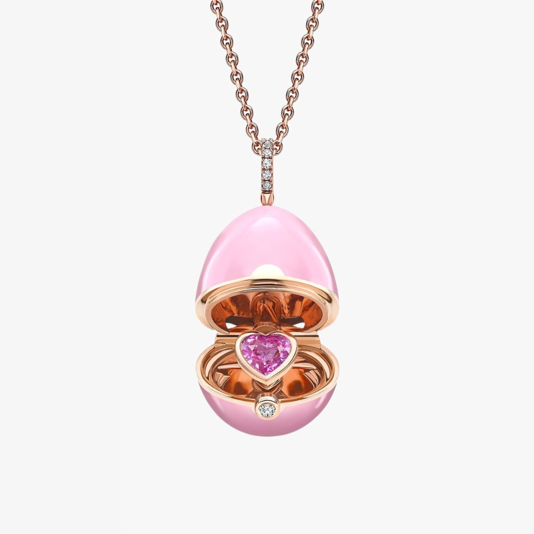 Fabergé Essence Rose Gold Diamond & Pink Sapphire Heart Surprise Locket With Pink Lacquer - Royal Coster Diamonds