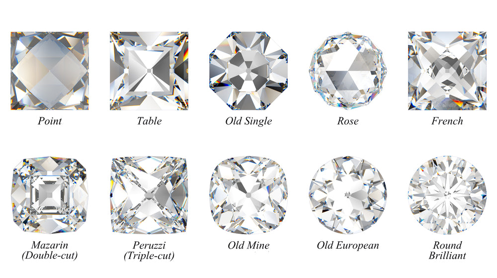 Several old diamond cuts including a rose cut diamond