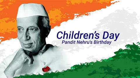 children's day poster with pandit nehru against the backdrop of Indian flag