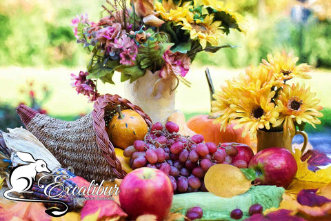 THANKFUL & BLESSED - a Cornucopia of foods and flowers.