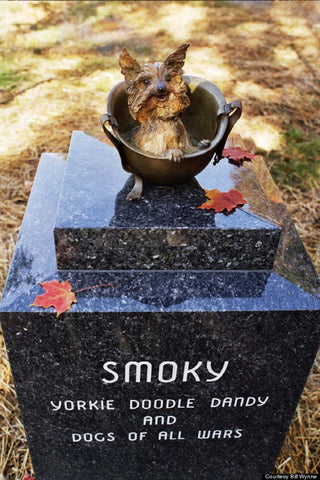 A  life-size a bronze sculpture of Smoky sitting in a GI helmet was installed over her final resting place in Rocky River Ohio, setting atop a two-ton blue granite base.