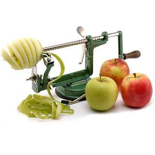 Apple Slinky machine for peeling, coring and cutting.
