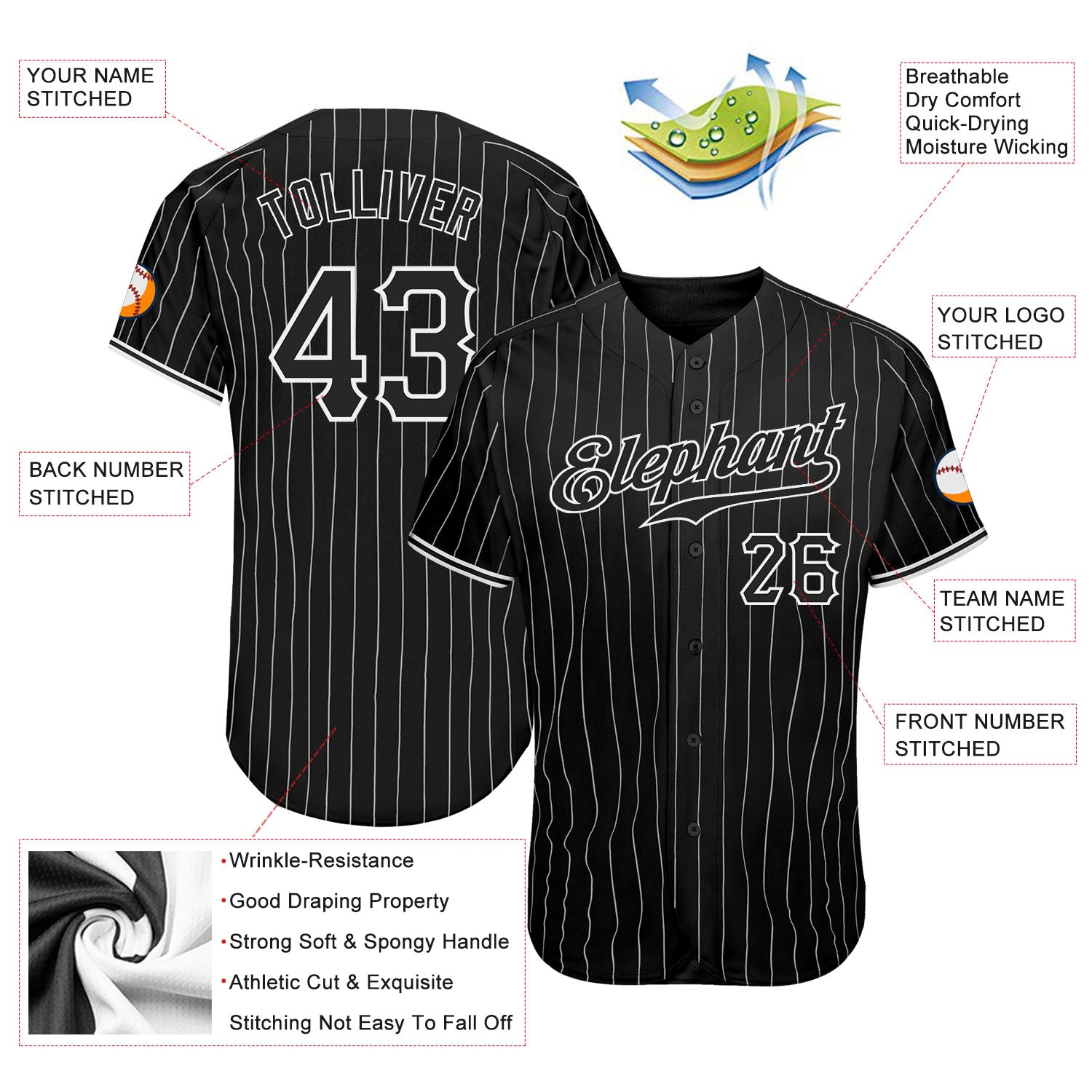 Custom Black White Strip Black-White Authentic Baseball Jersey Discount ...