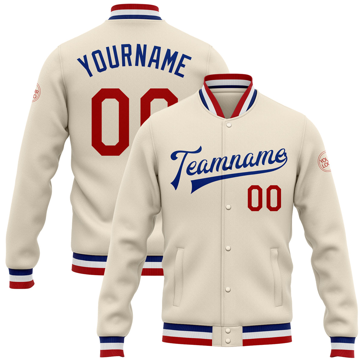 Custom Cream Red-Royal Bomber Full-Snap Varsity Letterman Jacket ...