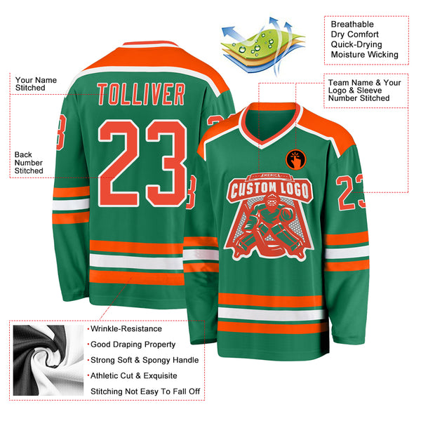 Custom Kelly Green Orange-White Hockey Jersey Discount - FansIdea