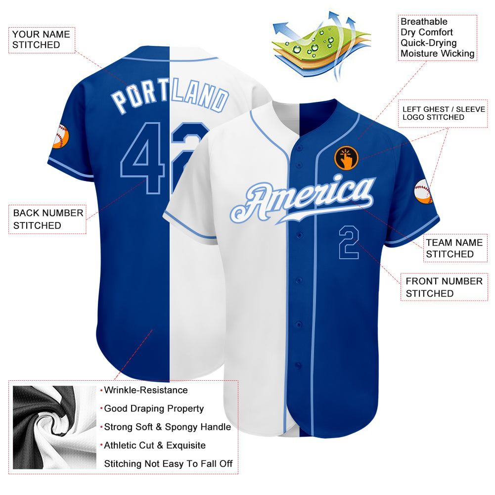 Custom White Royal-Light Blue Authentic Split Fashion Baseball Jersey ...