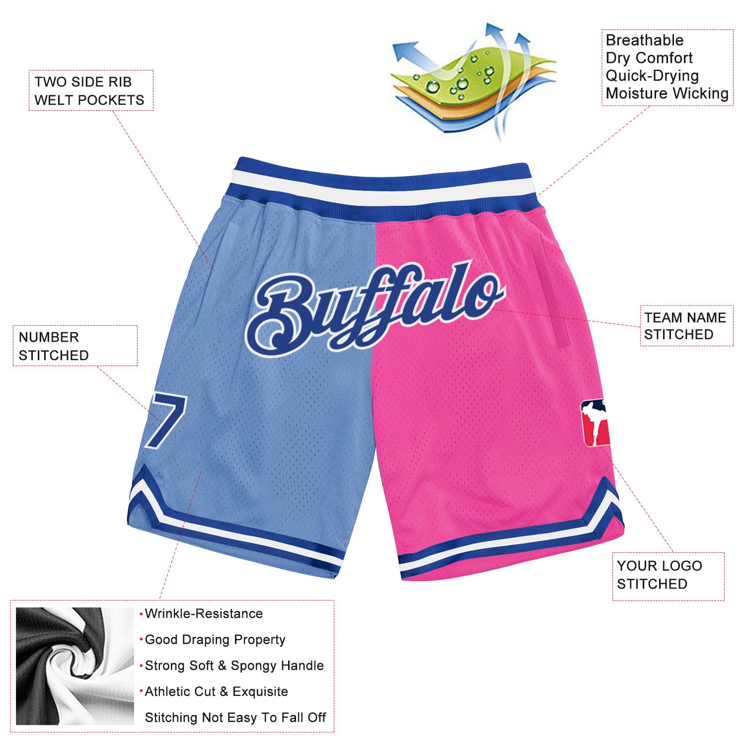 Custom Light Blue Royal-Pink Authentic Throwback Split Fashion Basketball Shorts