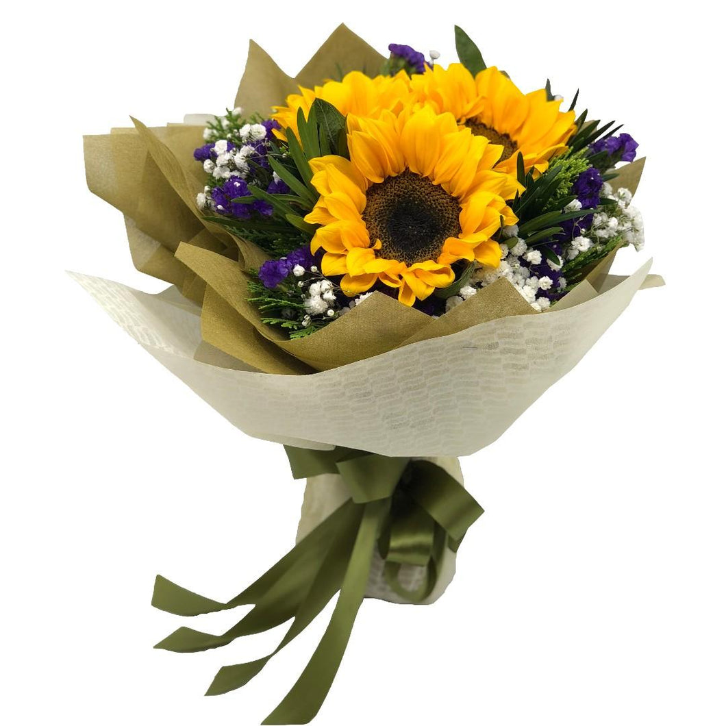 Ramo de 6 Girasoles con Detalles en Morado – Tesoro Floral