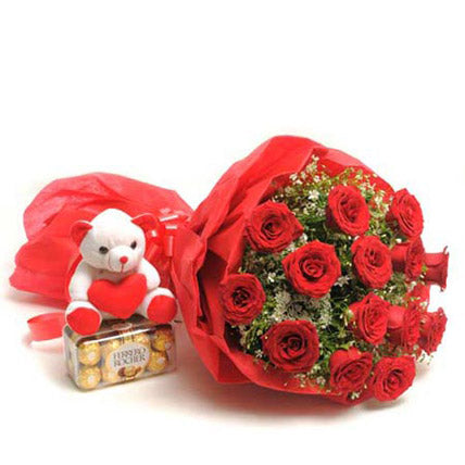 Ramo de 12 Rosas Rojas, con Peluche y Chocolates – Tesoro Floral