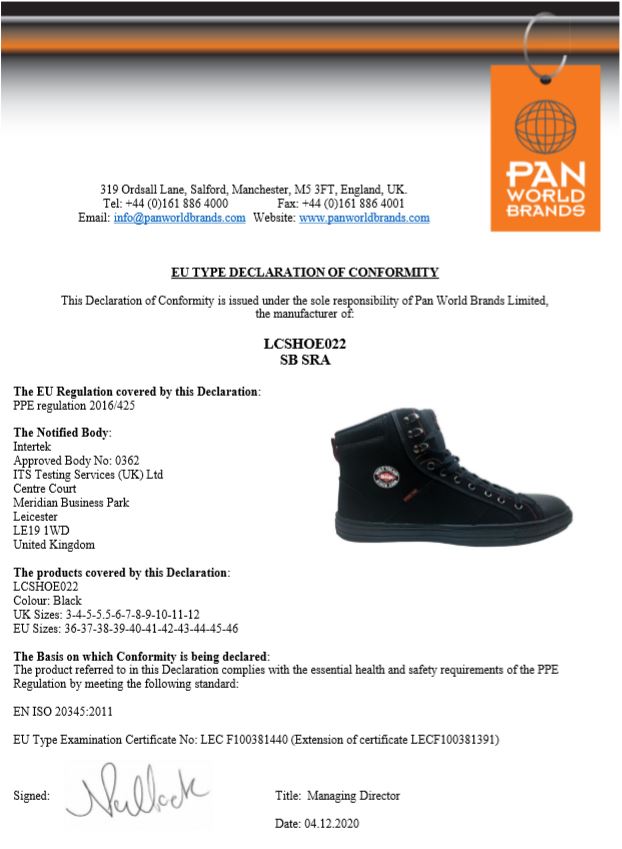 LCSHOE022 Declaration of Conformity (Black)