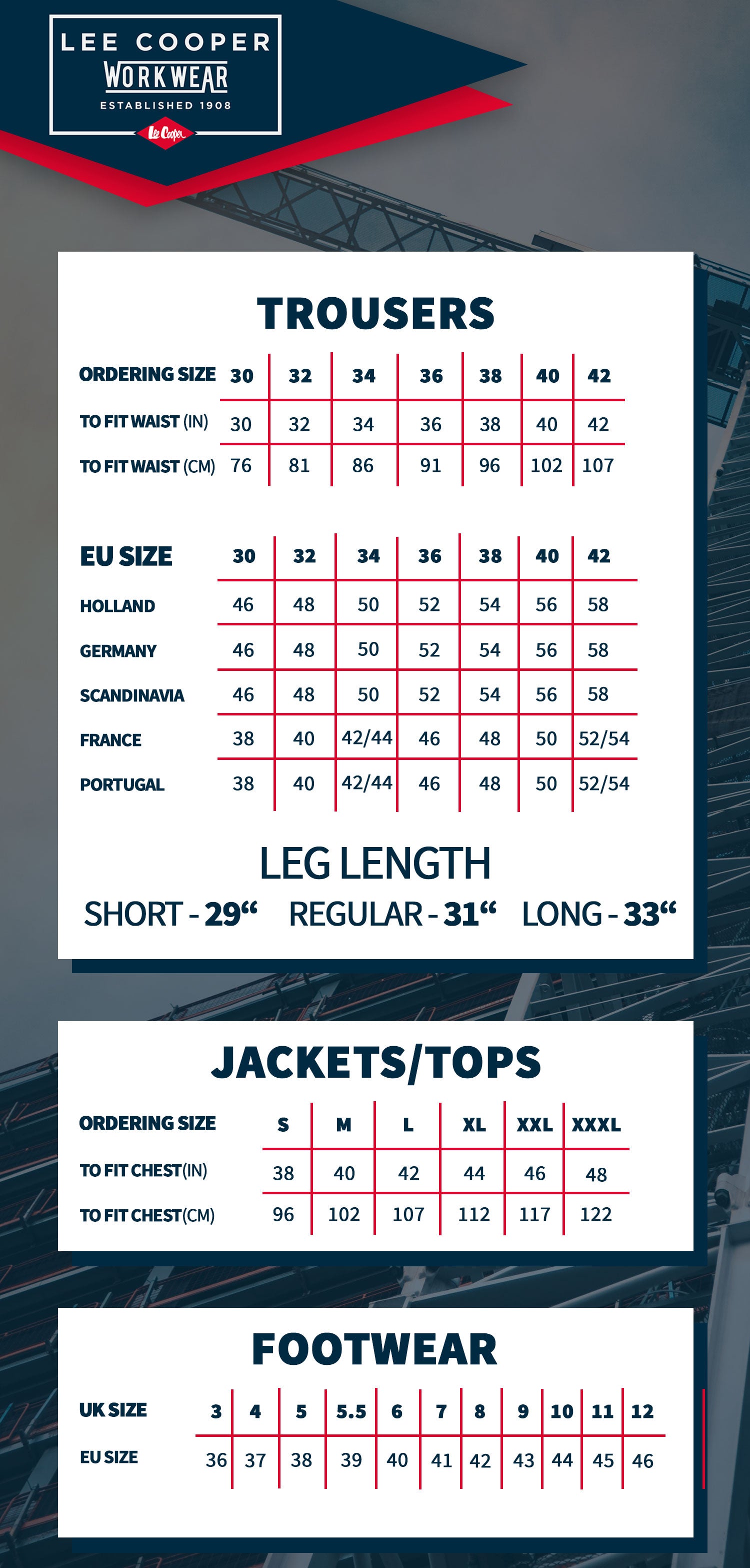 Size Guide & Care Information – Lee Cooper Workwear