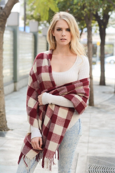 Buffalo Check Scarf with Fringe - Brick Red
