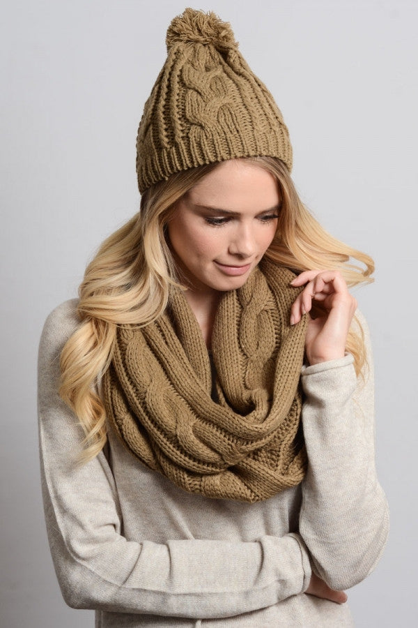 Cable Knit Scarf and Hat Set - Mocha
