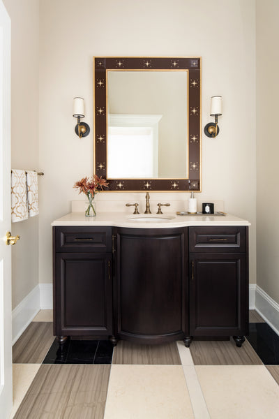 Formal powder room with plaid tile floor | Jamie Merida Interiors