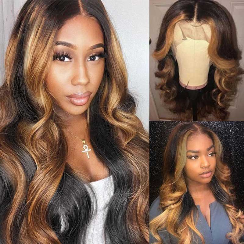 Order Honey Blonde And Brown Highlight Wigs Body Wave Human Hair Wigs 150%  Density – Aliannabelle