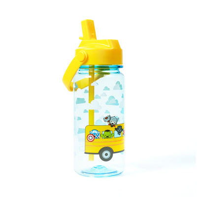 Avengers school bus water bottle shown with yellow drinking spout popped up