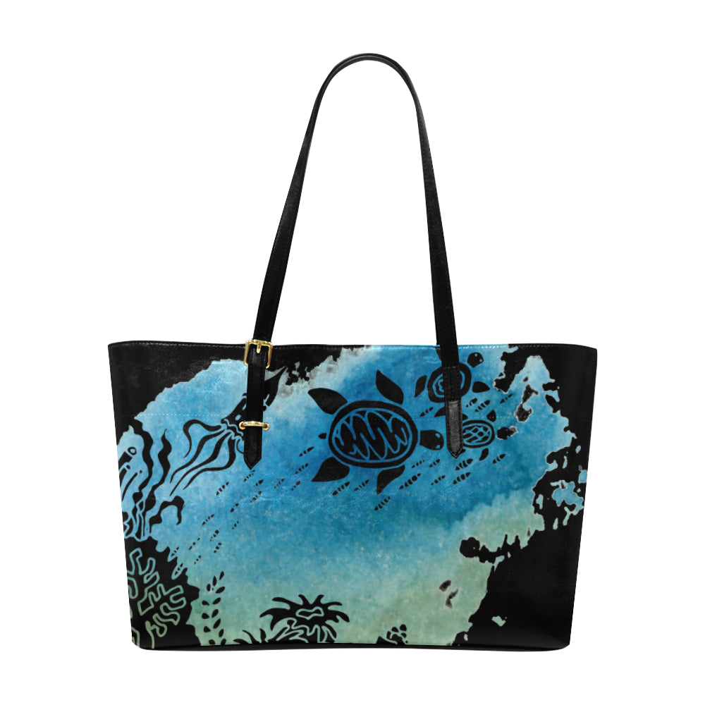 Painted Sea Turtle Leather Tote Bag