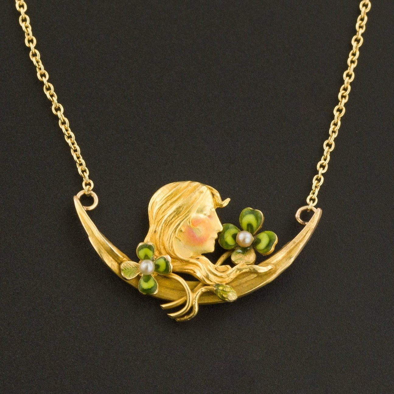 Art Nouveau Woman with Clovers Necklace | 14k Gold Necklace