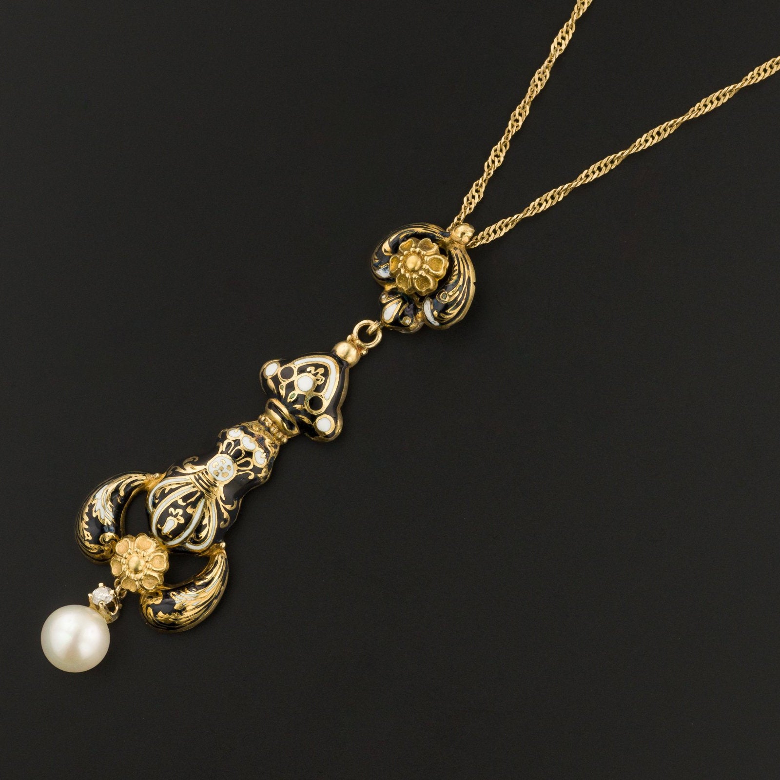 Antique Swiss Enamel & Pearl Necklace | 14k Gold Diamond Necklace ...