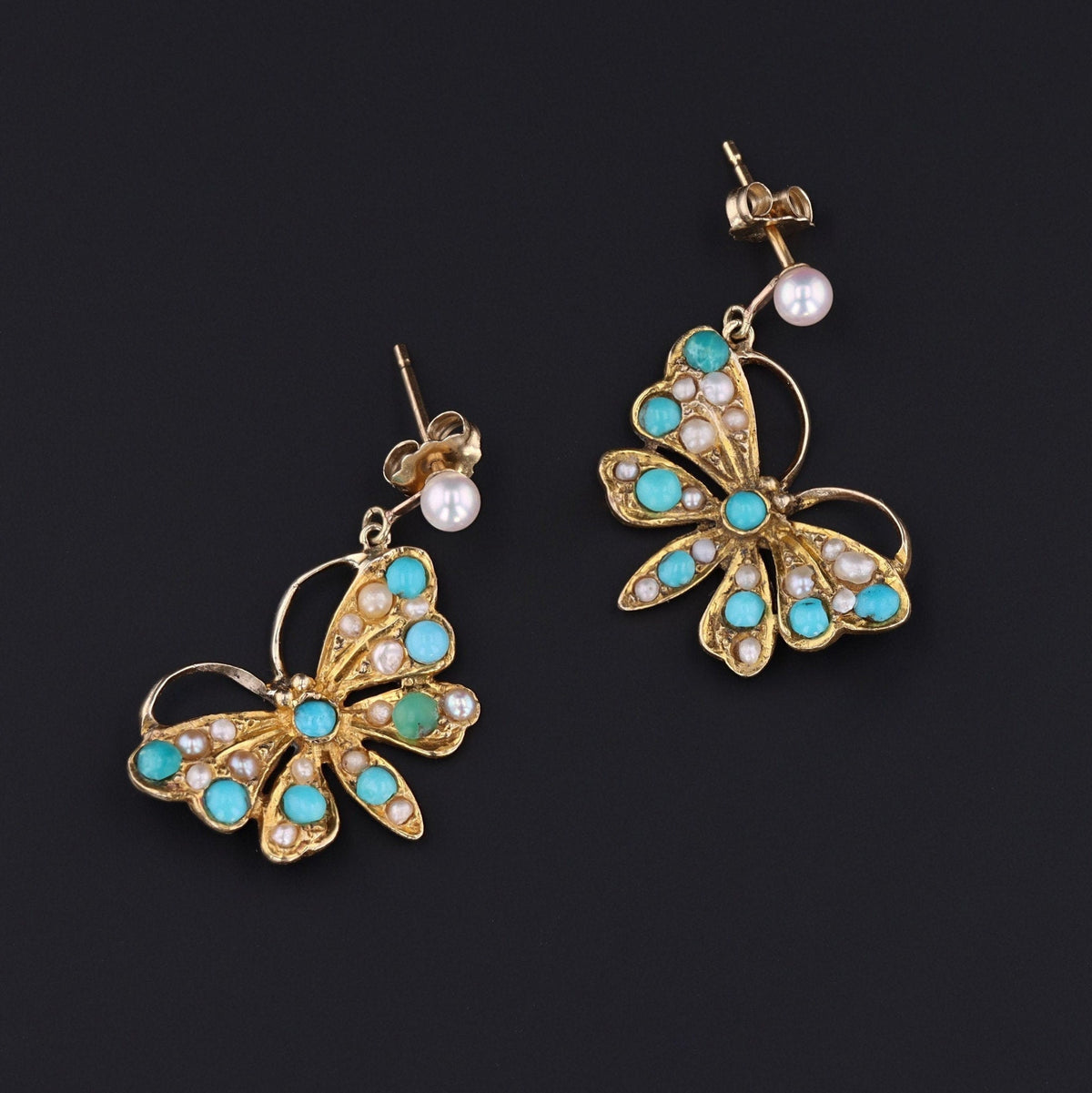 Antique Pearl and Turquoise Butterfly Conversion Earrings of 14k Gold ...