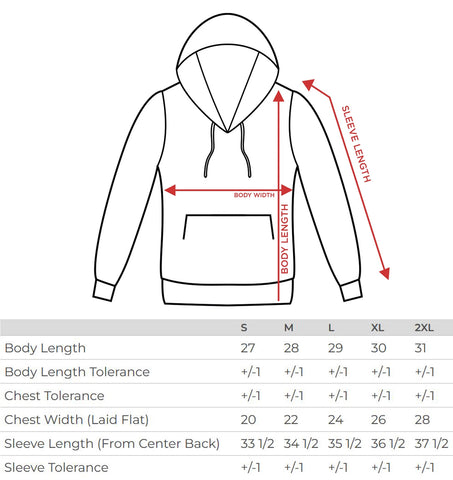 pullover hoodie size chart