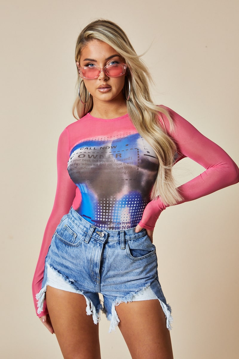 Pink Abstract Body Print Long Sleeve Bodysuit - Elena - Size 6