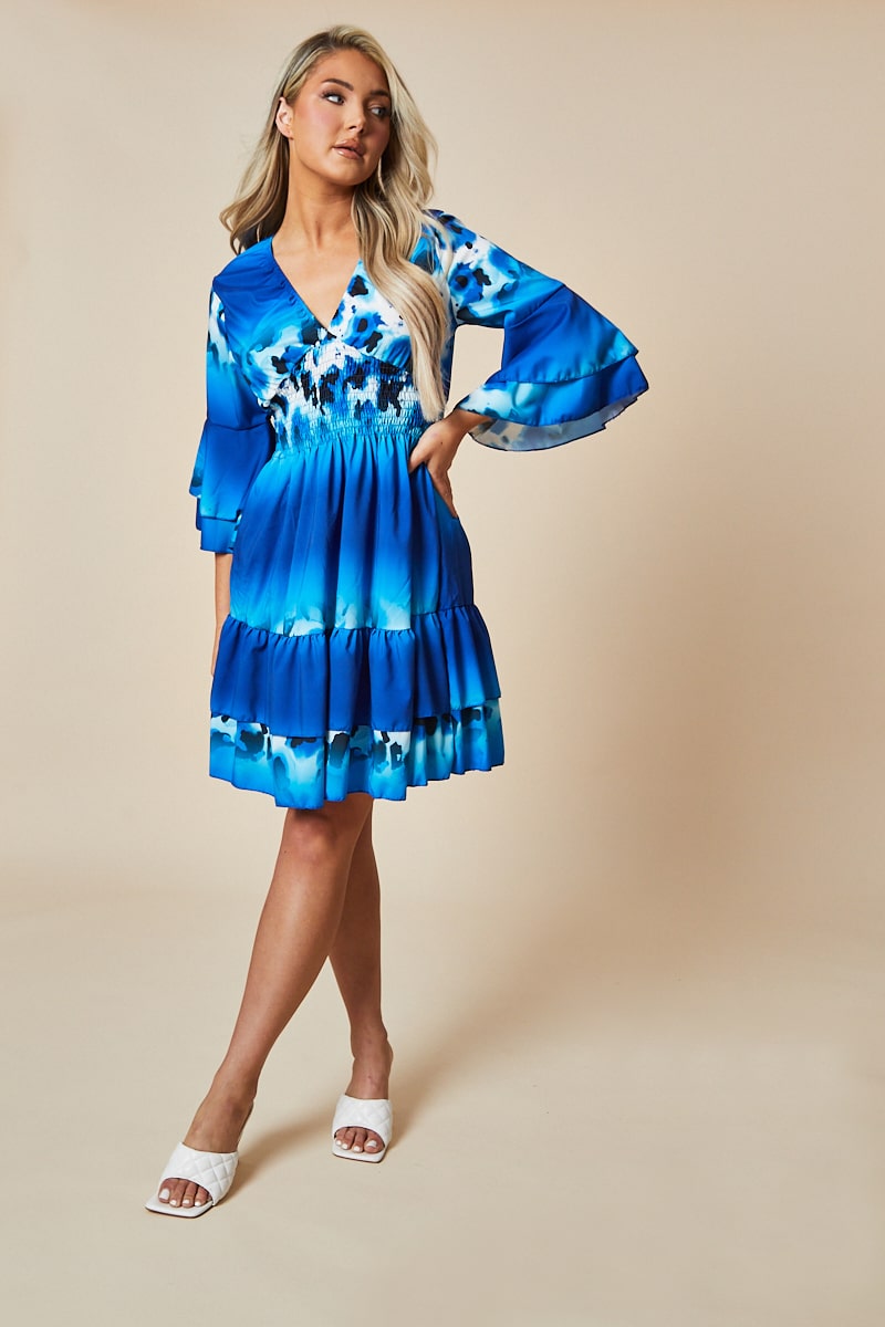 Blue Leopard Print Frill Detail Flared Dress - Junko - Size 8/10