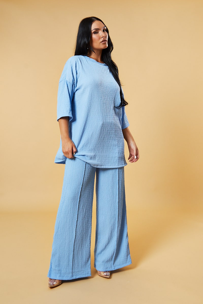 Blue Textured Knit Trousers & Oversized Top Co-ord Set - Cecelia - One Size (8 to 14)