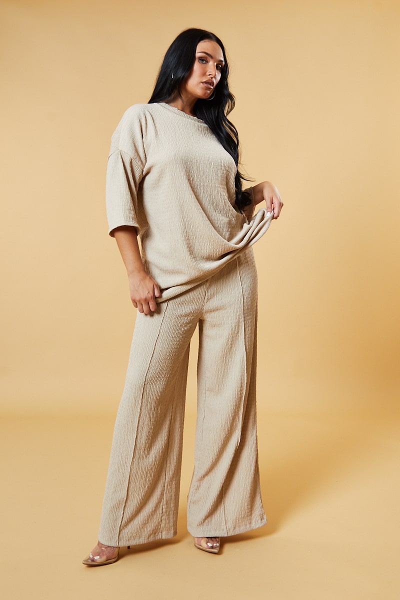 Beige Textured Knit Trousers & Oversized Top Co-ord Set - Cecelia - One Size (8 to 14)